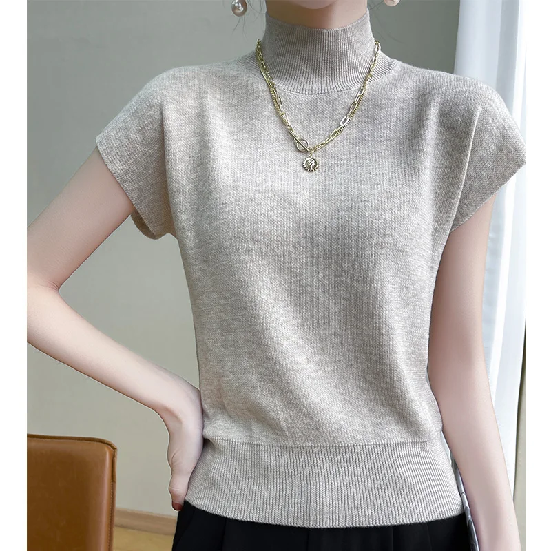 

Summer French Fashion Half Sleeves Women's Half High Collar Solid Color Flying Sleeves Fine Imitation Wool Thin Knitted T-shirt