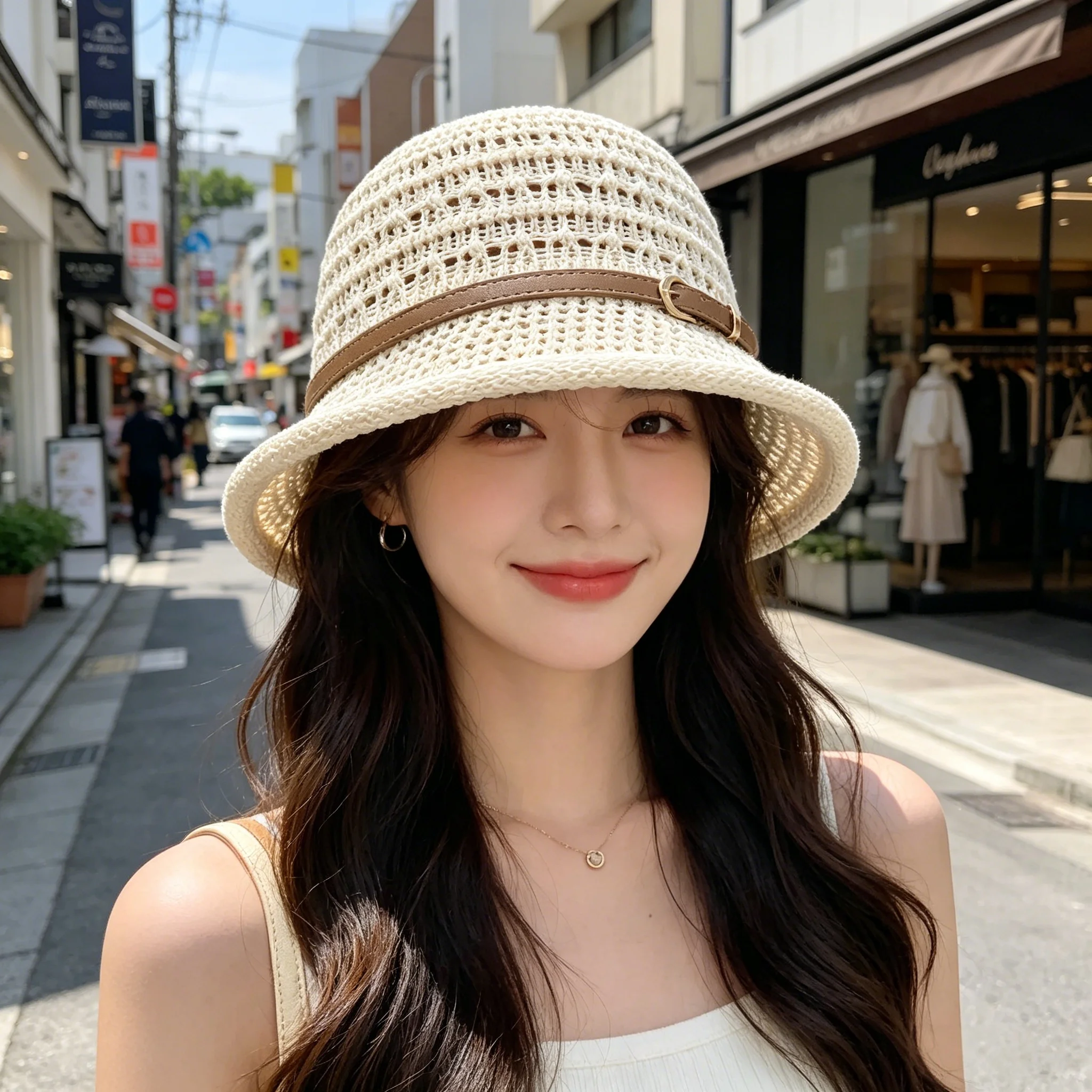 Korean-Style Ins-Style Hollow-Out Woven Fisherman's Hat, Fully Meshed and Breathable, Lightweight and Not Stuffy, with Belt Buckle Decoration, Suitable for Various Head Sizes, Perfect for Daily Shopping, Park Walks, Garden Photoshoots, Girls' Gatherings, Vacations, and Versatile for Commuting Outfits