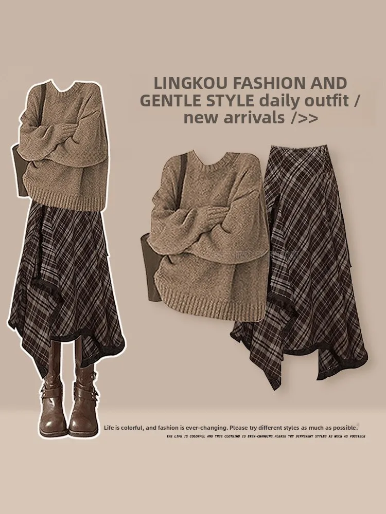 

Ele plus Size Knitted Sweater And Skirt Set for Women round Ne Color Blo Autumn Winter Faion Casual Outfit Two Piec...