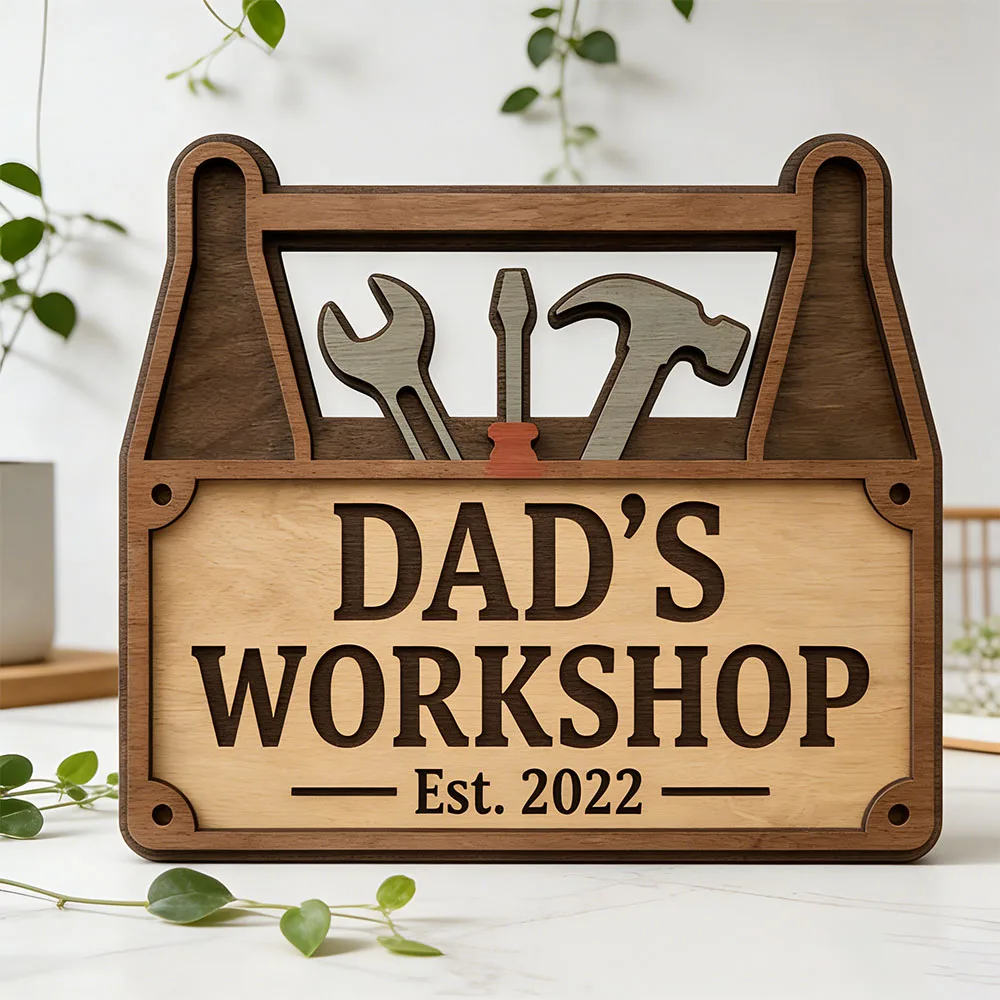 Custom Dad's Workshop Wooden Sign - Personalized Toolbox Shape Plaque with Wrench Hammer Screwdriver, Engraved 