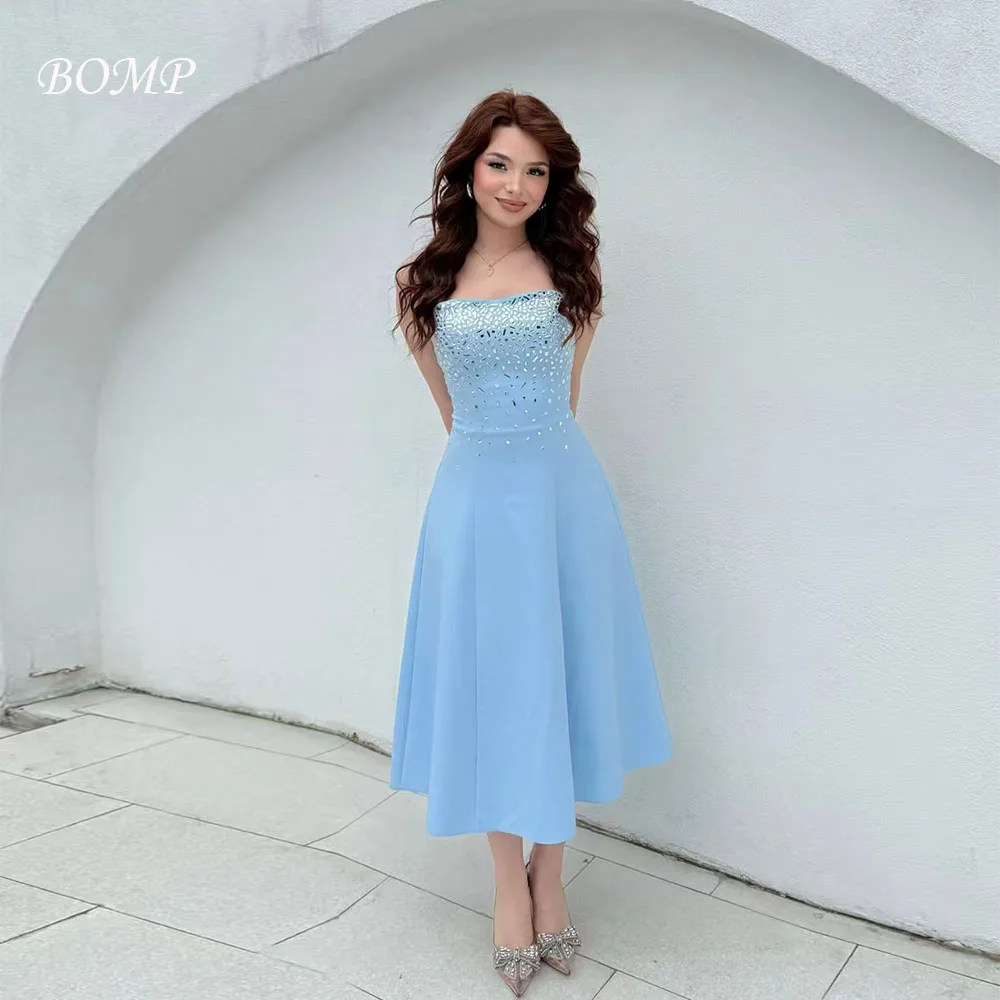 

BOMP Elegant Beads Wedding Party Dress Strapless A-Line Tea Length Blue Satin Evening Dresses Birthday Prom Gown Customized