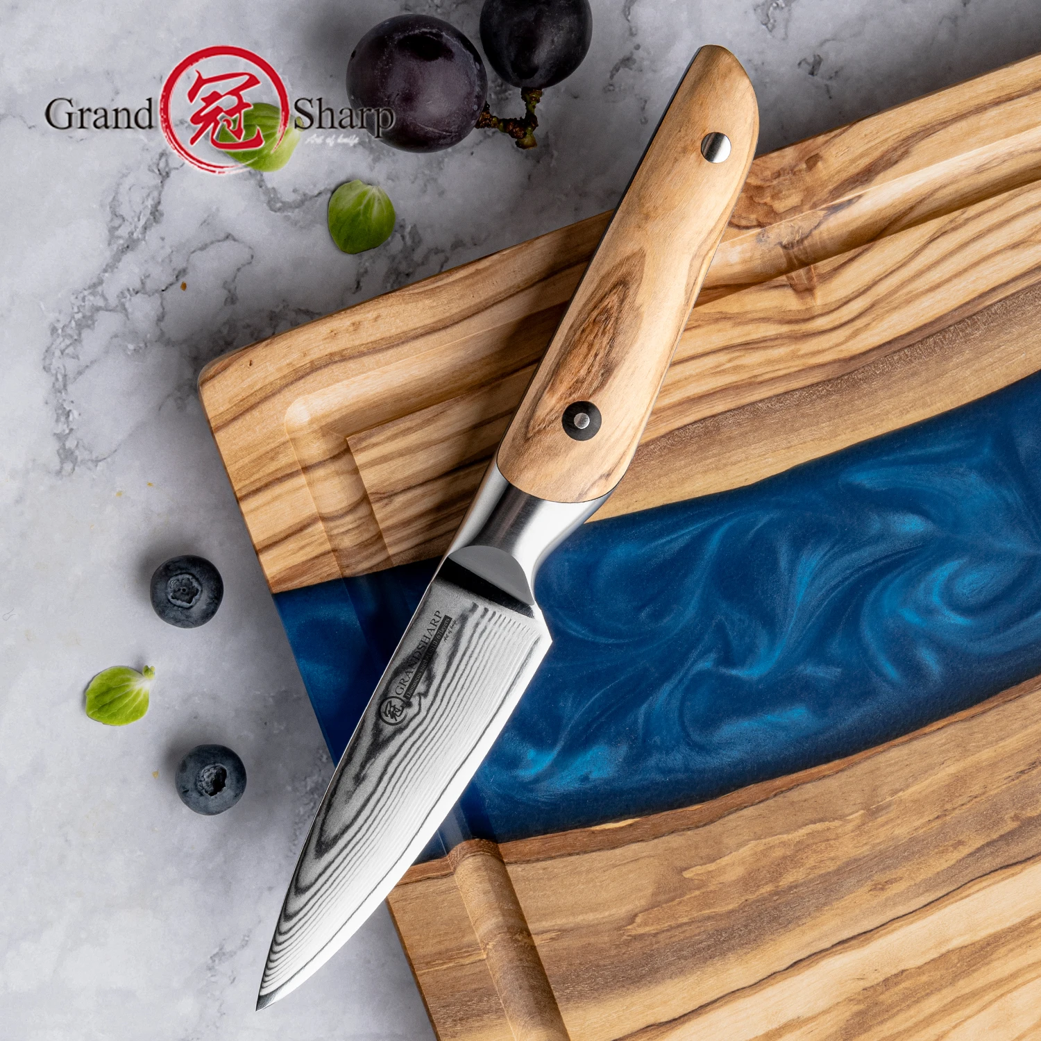 Grandsharp 3.7'' Paring Knife 67 layer Damascus Steel with Olive Wood Handle Utility Knife Vegetable Fruit Knife Cooking Cutter