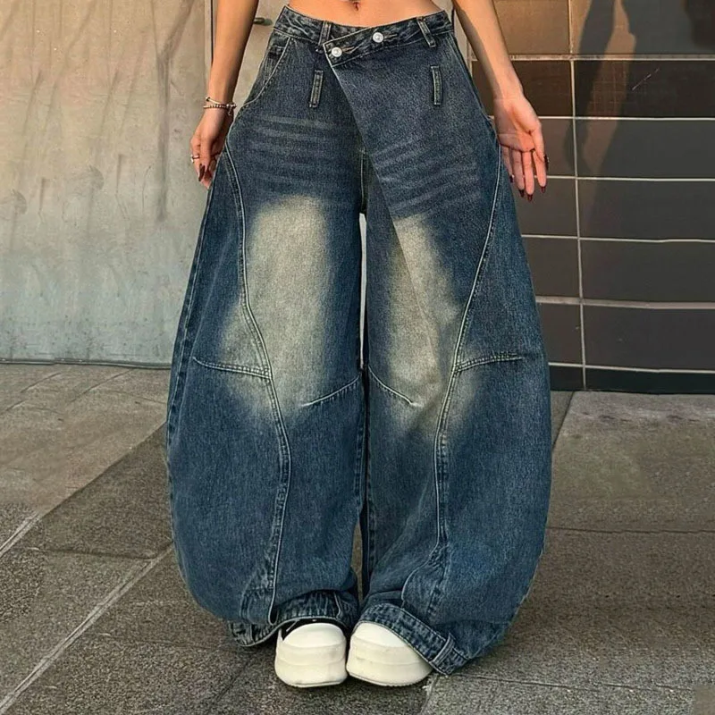 ANJY Spring Autumn New Women American Style Retro Distressed Design Waistband Loose Jeans Casual Trend Curved Denim Pants A27584