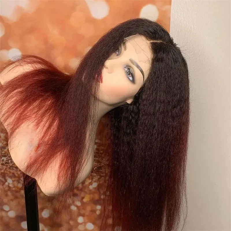 

Ombre 99J Soft 26” Long Yaki Lace Front Wig Kinky Straight For Black Women With BabyHair Preplucked Synthetic Glueless Daily Wig