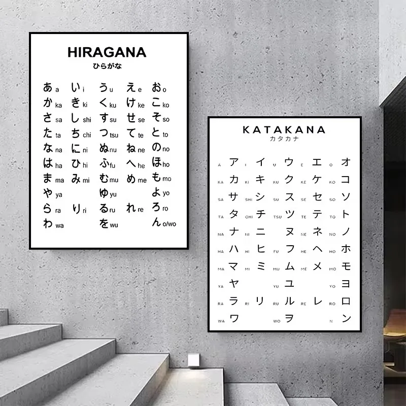 Hiragana and Katakana Chart Art Black White Japanese Alphabet Poster Canvas Painting And Print Picture For Room Home Decor