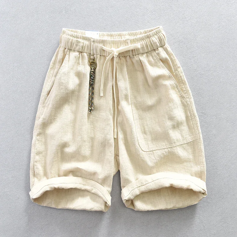 

Cotton Linen Casual Shorts for Men Summer New Solid Elastic Waist Short Pants