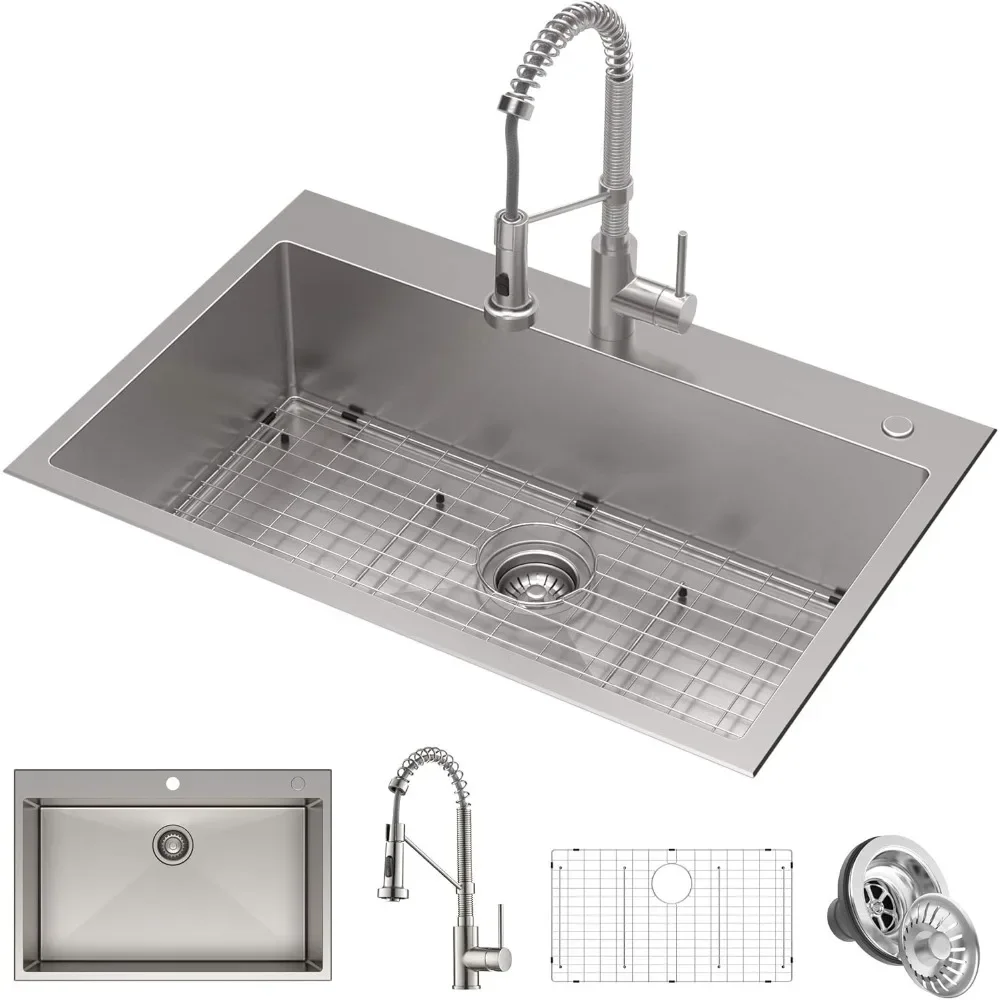 

Dual Mount Drop Sink and Pull-Down Commercial Kitchen Faucet Combo in Stainless Steel Finish, 33"- Single Bowl