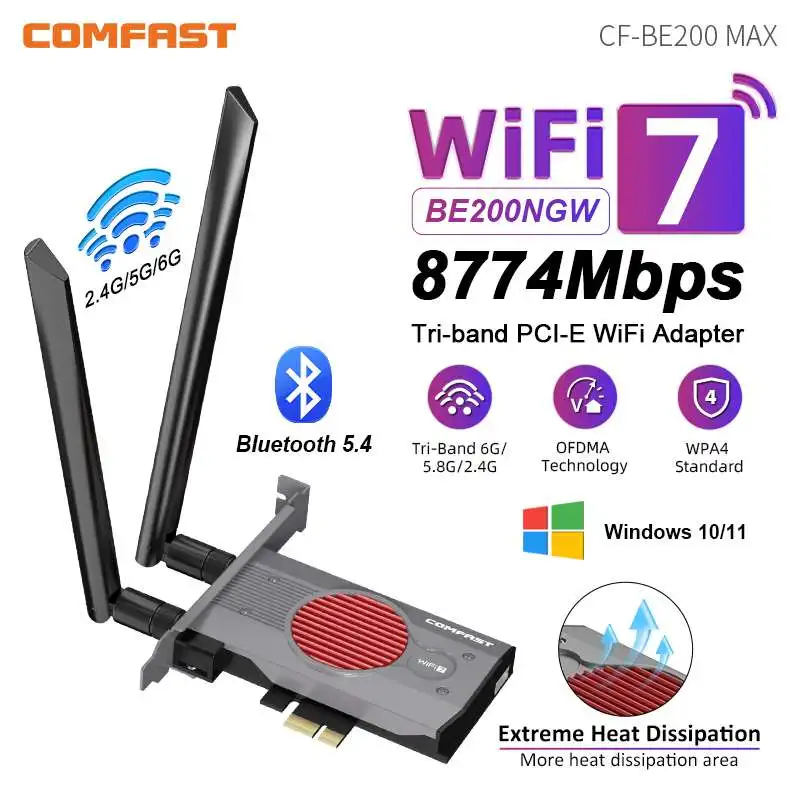 

COMFAST 8774Mbps WiFi 7 PCI-E Network Card 2.4G&5G&6GHz Tri-band Wireless PCIe Adapter Intel BE200 Chip BT5.4 for Win10/11 PC