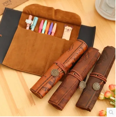 Vintage Canvas Leather High Capacity Roll Pencil Bag Potter Creative Treasure Map Cute Pencil Case