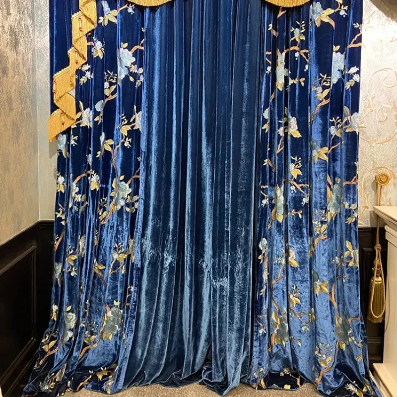 

European Style New Velvet Embroidery Curtains for Living Room Bedroom High Window Treasure Blue Whole House Curtains Customize