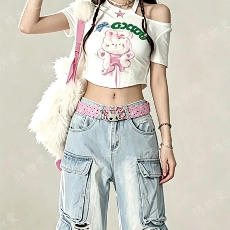 Niedlicher Engel-Süßigkeiten-Gürtel von Desiner Brands mit Herz- und Stern-Dopamin-Motiv, Metall-Punk-Rock-Stil, hübscher Y2K-Jeans-Gürtel aus breitem Leder für Damen – Detail 1