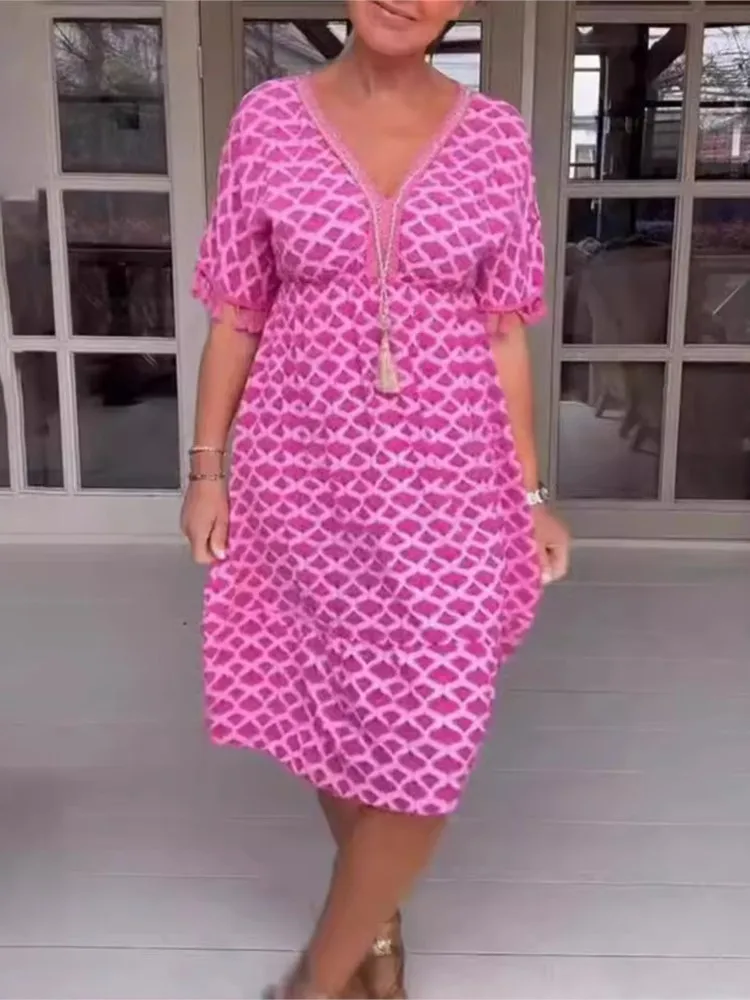 

Fashionable Printed Versatile Patchwork Mid Length Dress Summer New Style Dress Sexy V-neck Women Short Sleeved Mid Length Dress