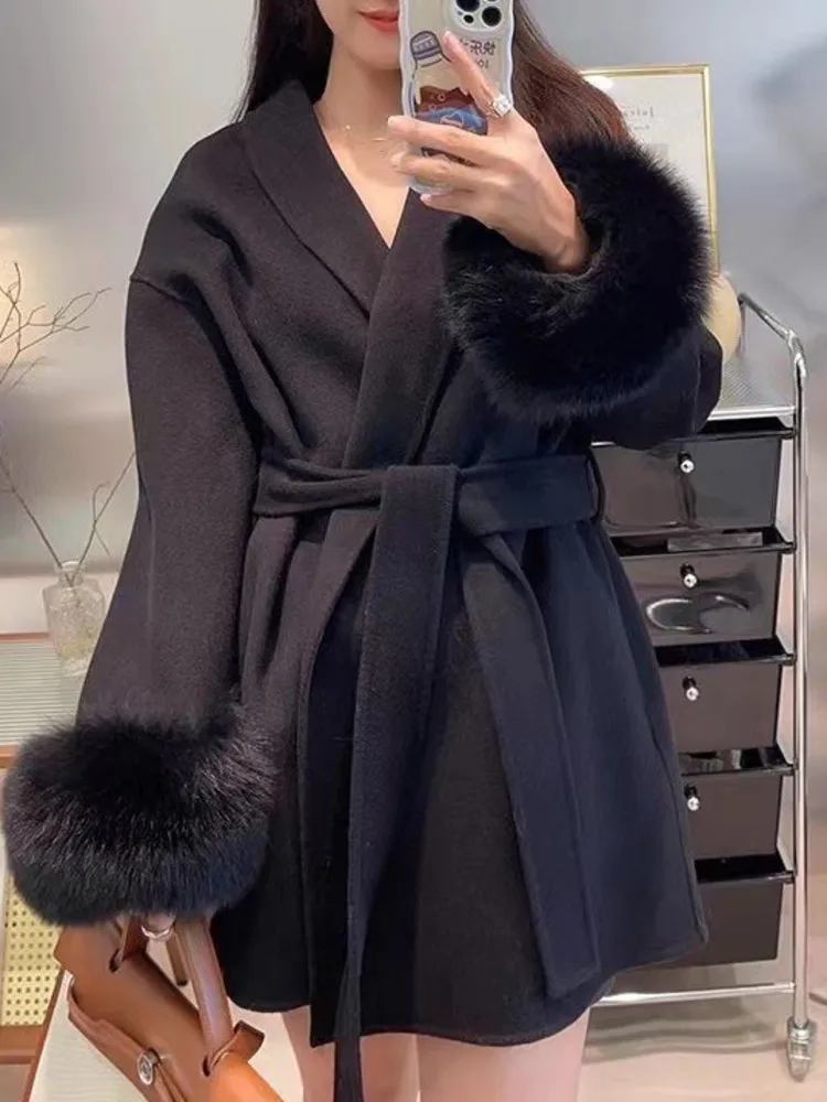 DFDG معطف صوفي قصير برباط من الكشمير للنساء بمزاج الموضة لخريف وشتاء 2024 مجموعة جديدة #5