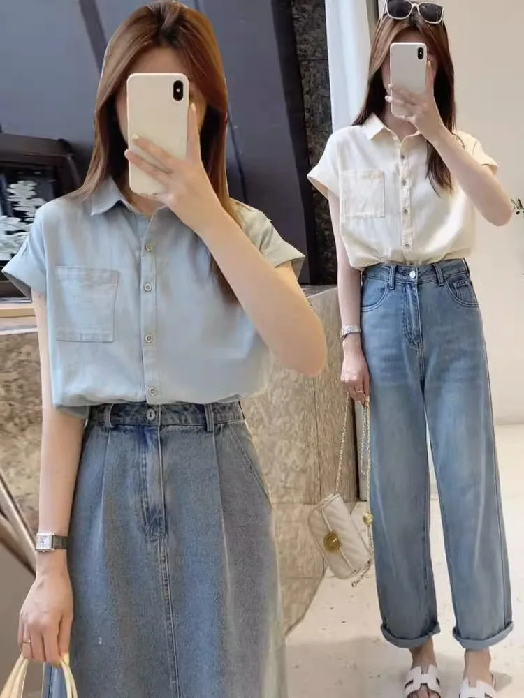 

Women's Collar Short Sleeve Shirt Summer Unique Thin Casual Chiffon Top Versatile Commute Style Korean Loose Fit Shirt