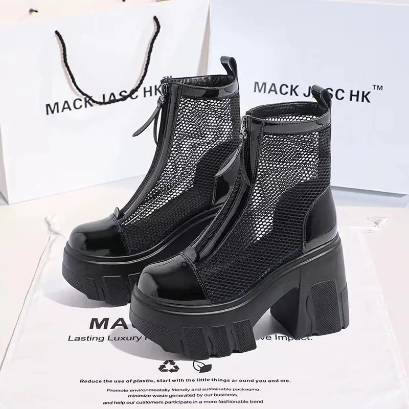 Black Gothic Style Platform Ankle Boots for Women Thick Bottom Breathable Summer Boots Woman 2024 Punk Chunky High Heels Booties