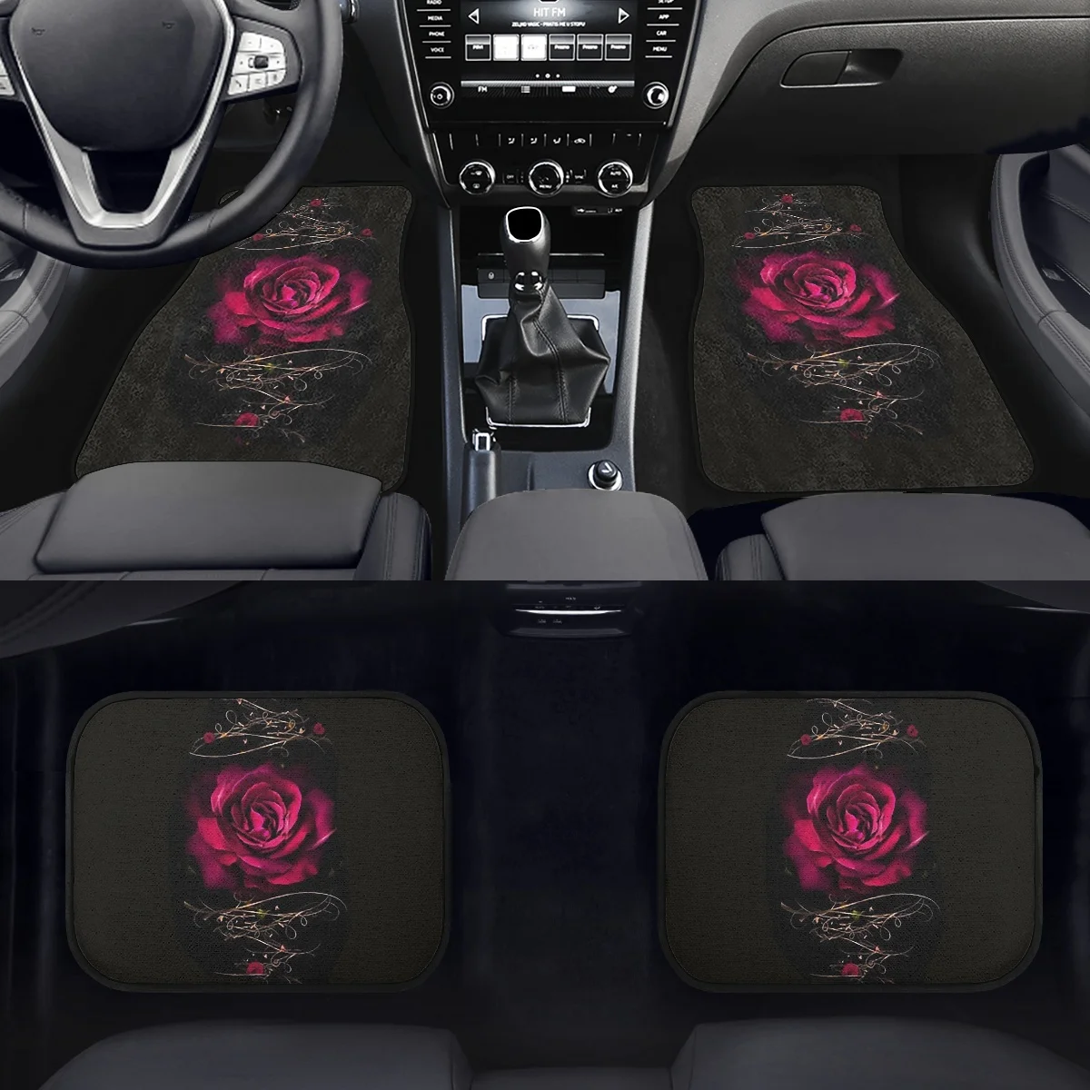 INSTANTARTS Gothic Roses Print Set of 4Pcs Car Floor Mats for Women Non Slip Car Accessories Front and Back Carpet Rug Durable