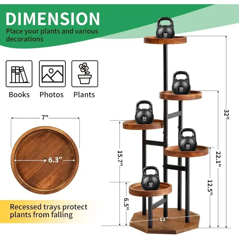 5 Tier Plant Stand Tall Metal Wood Plant Shelf Holder for Indoor with Raised Design for Multiple Plants Outdoor Garden Plant