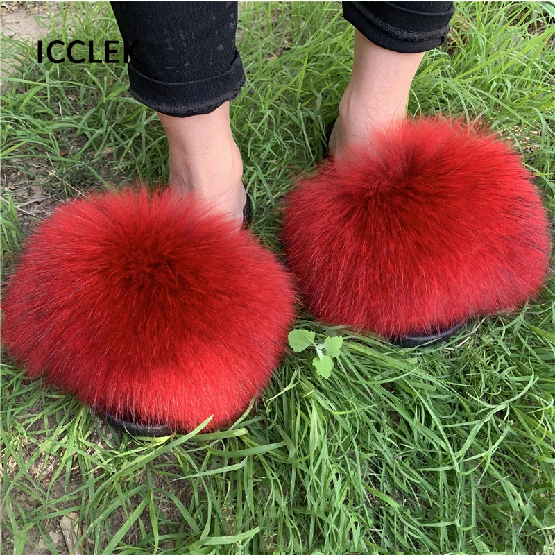 Full Fur Slippers Women Indoor Real Fox Fur Slides Fluffy Furry Flip Flops Beach Flat Sandals Plush House Slippers Summer Shoes