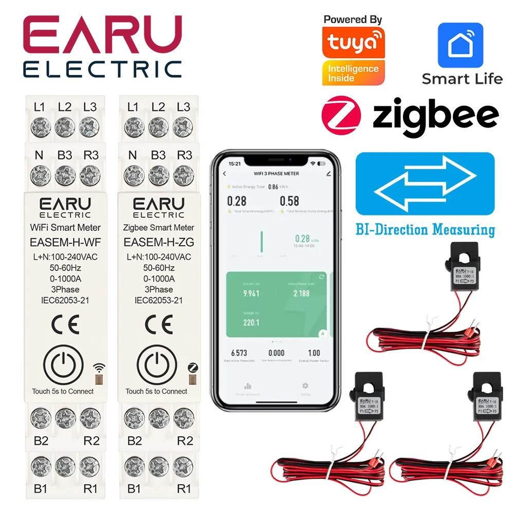 

Tuya Smart WiFi ZigBee Energy Meter with 3 CT Clamps for Solar PV System Power Production Consumption Bidirectional Monitoring