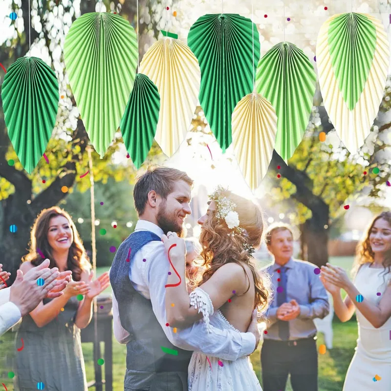 Green Beige Gold Paper Leaf Fan Flower Hanging Background Decoration for Birthday Wedding Party Classroom Wall Backdrop Supplies
