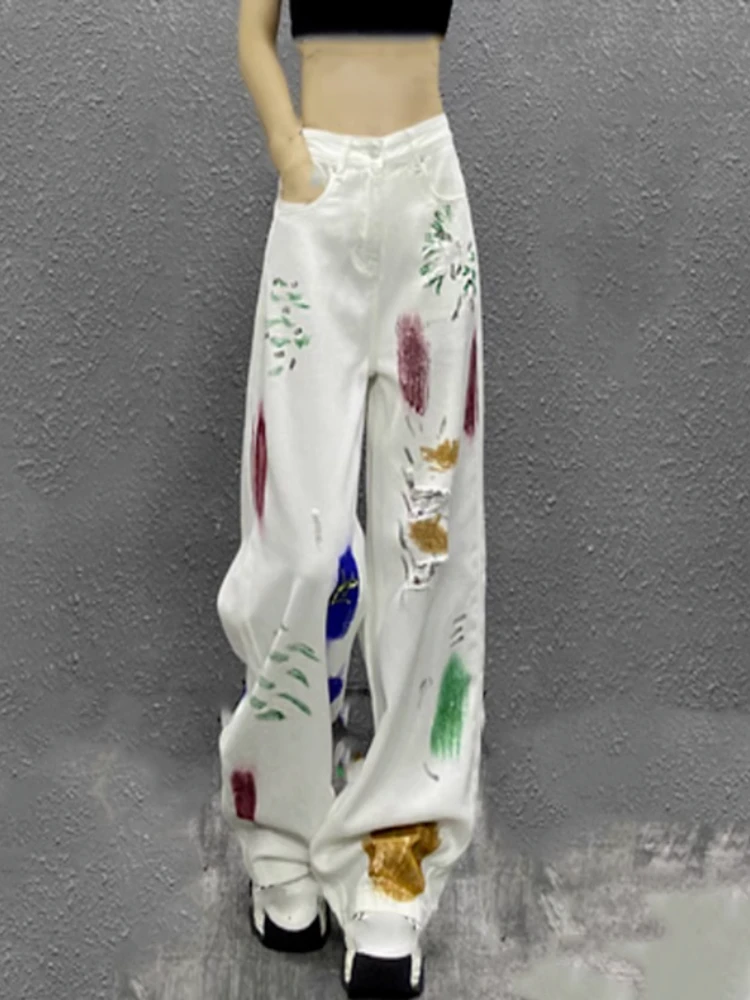 

Personalized painted ripped white jeans women's autumn high waist slimming straight leg versatile wide leg floor pants
