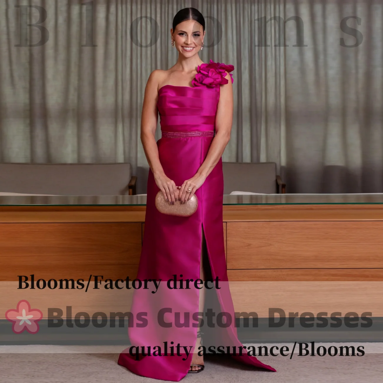 Customized One-Shoulder Fuchsia Satin Formal Evening Dress Large 3D Floral Beaded Waistband Side Slit Elegant Party DRess