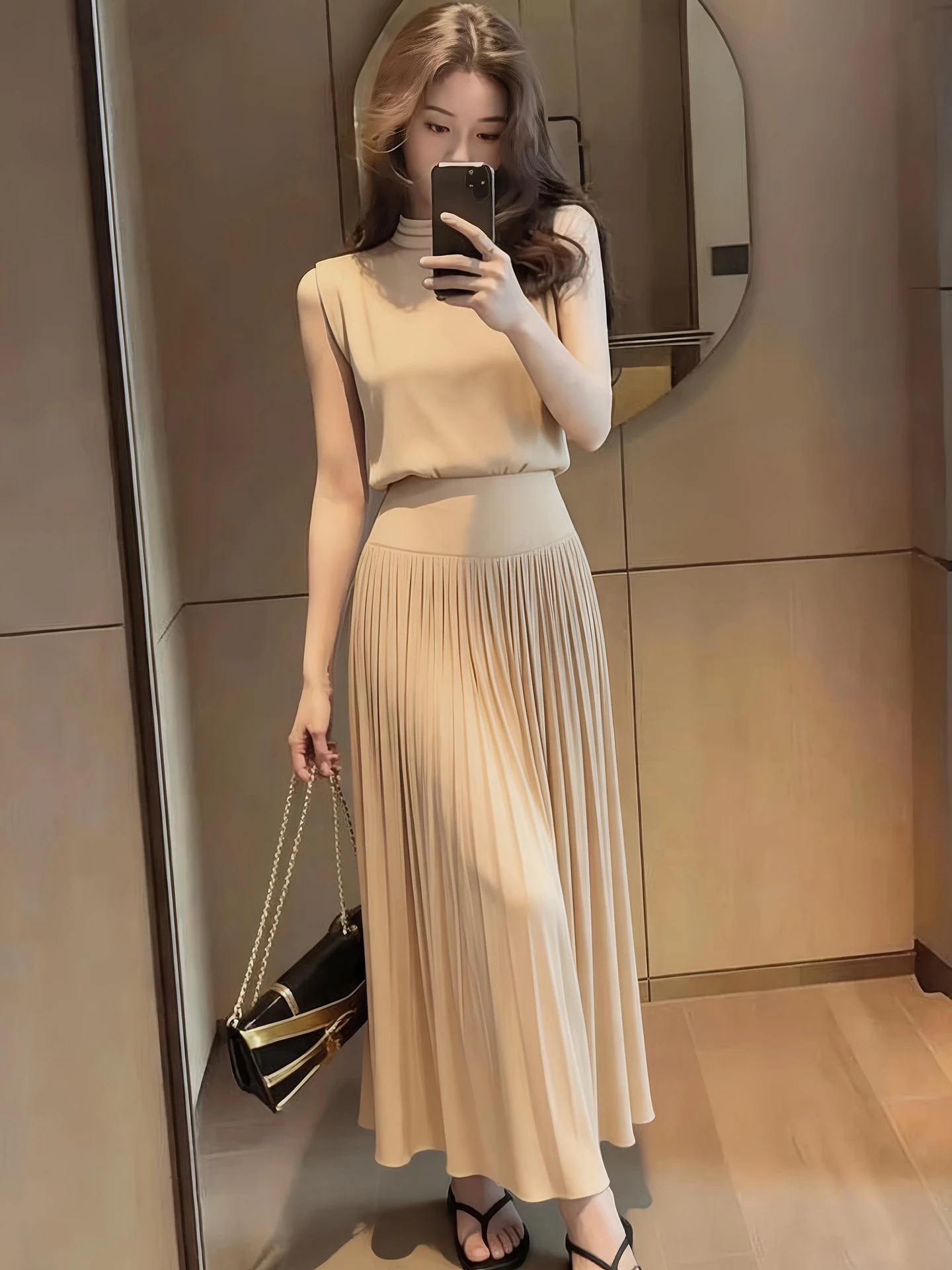 

Summer 2026 High Waist Slimming Half Skirt Set Korean Style Stand Collar Sleeveless Top with Hanging Neck Ribbon Fashionable ...