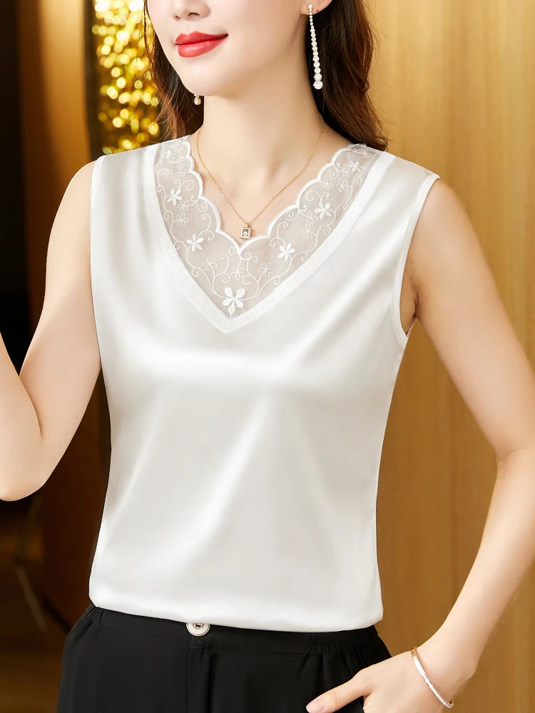 Camiseta sin mangas con ribete de encaje, satén de seda V-Ne Svel, capa Base para mujer, chaleco, traje de verano, blusa a juego