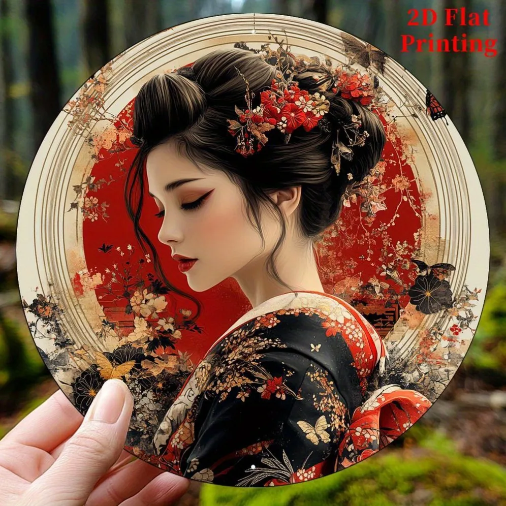 2D Vintage Metall Rundes Schild Geisha Japanischer Stil Wanddekoration für Wohnzimmer Büro Garten Küche Zuhause