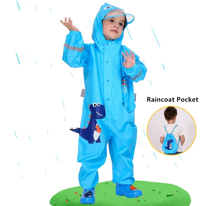 Cartoon Animal One‑Piece Kids Rain Suit, Hooded Waterproof Jumpsuit Rainwear for Boys Girls 1‑12 Years Old