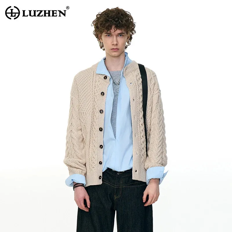 

LUZHEN 2025 New High Quality Weave Pattern Solid Color Knitted Cardigan Men's Winter Elegant Handsome Casual Male Sweater JY5053