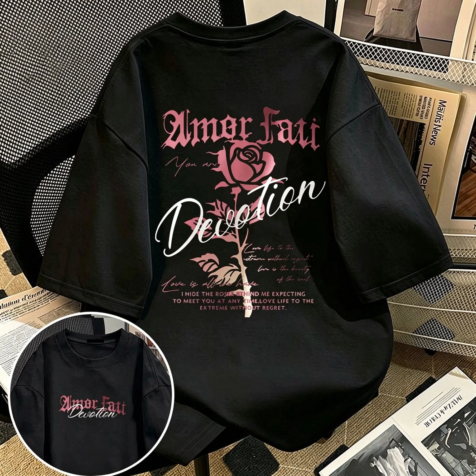 2026 Retro Rose Devotion Print Tee Unisex Casual Loose Fit Short Sleeve Street Fashion T-Shirt for Men Women
