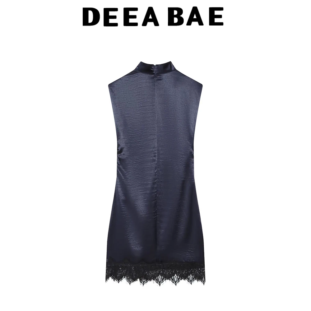 DEEABAE hiver femmes sexy col montant sans manches soie satin texture patchwork dentelle mini robe