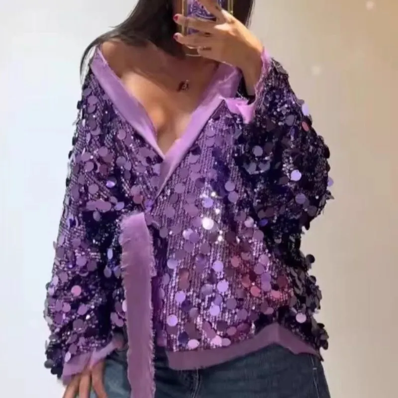 

Loose Sequins Lace Up Green Club Cardigan Jacket Women V-neck Long Sleeve Shiny Coat Lace Up Spring Lady Bling Y2K Streetwear