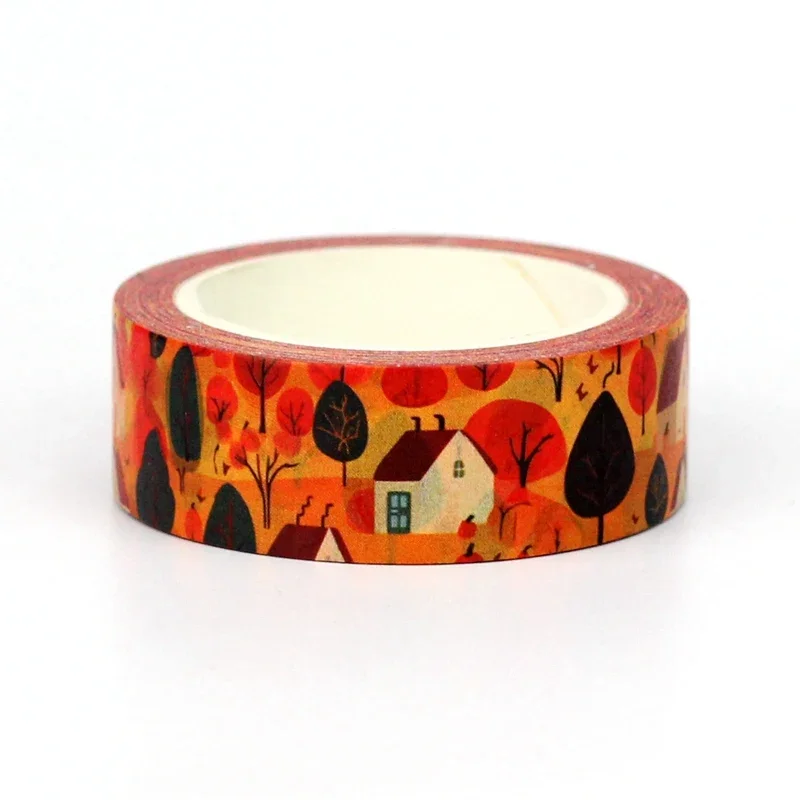 NEW 1PC 10M Decor Yellow Orange Trees House Fall Washi Tape for Scrapbooking Journaing Adhesive Masking Tape Cute Papeleria