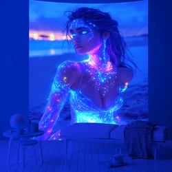 Beautiful Sexy Woman on The Beach Tapestry Hippie Neon UV Reactive Wall Tapestry for Aesthetic Room Decor Boho Home Wall Decor
