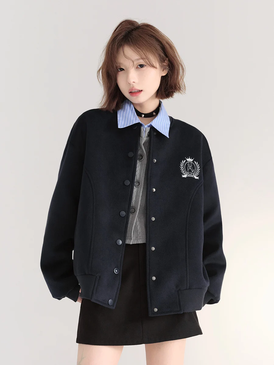 

Весенне-осенний женский бейсбольный джинт с вышивкой Bae, свободный крой для колледжа, теплый длинный пальто из смеси полиэстера