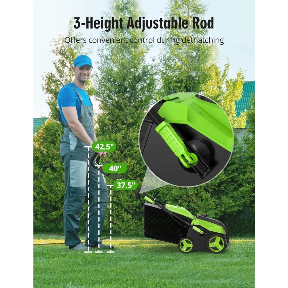 16-Inch 15 Amp Lawn Dethatcher with 5-Position Depth Control and 14.5 Gallon Removable Thatch Collection System for Efficient Ya