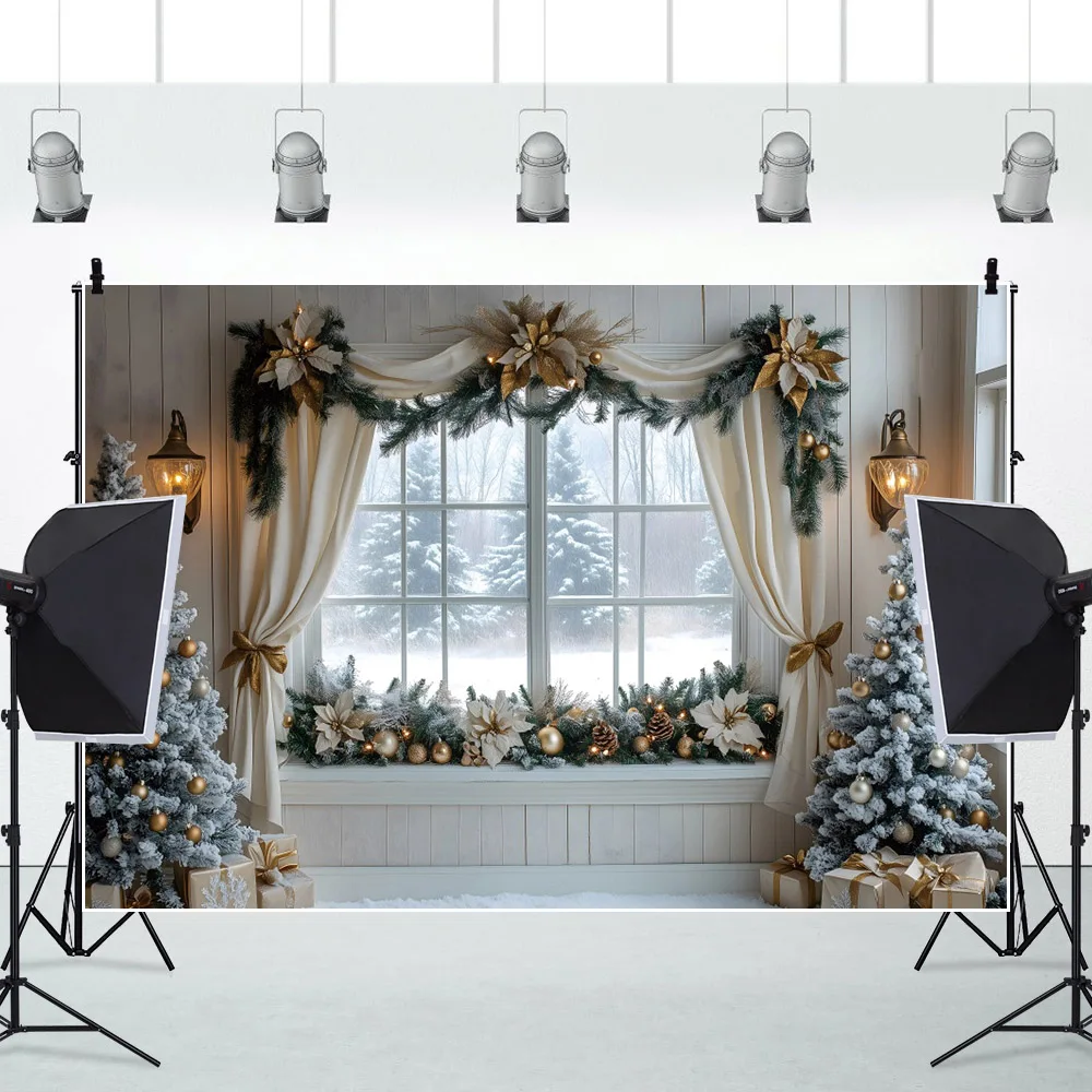 Winter Christmas Photography Backdrop Indoor New Year Snow House Curtain Xmas Trees Wreath Adult Child Portrait Photo Backdrop