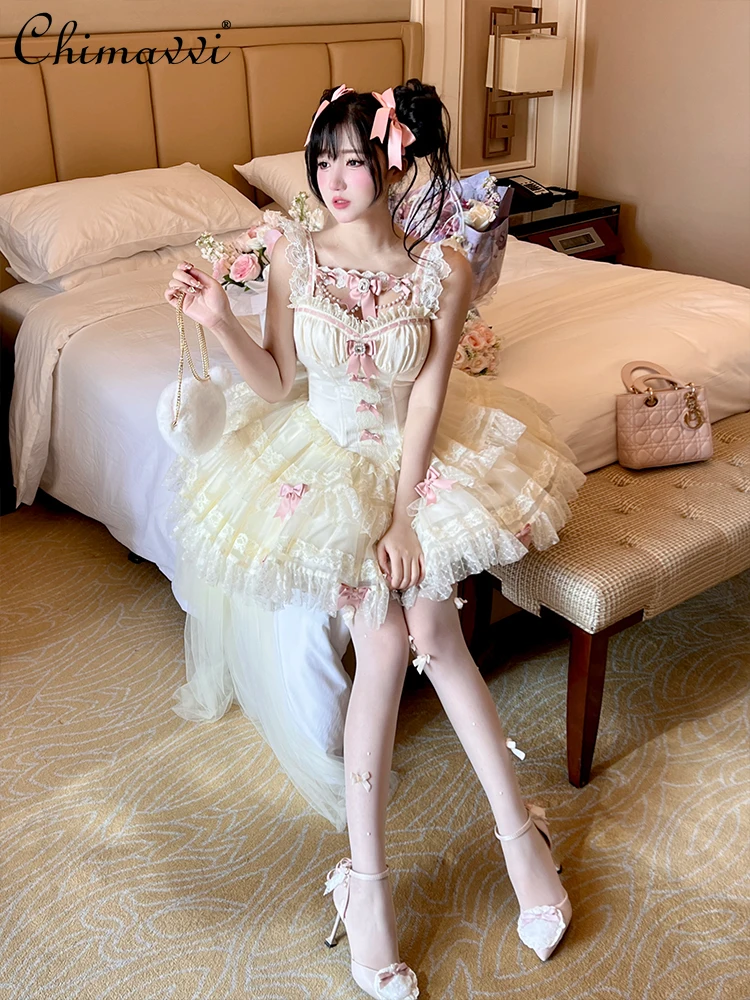 

Heavy Lace Princess Ballet Style Romantic Date Dress Sweet Girl Women Cute Bow Slim Fit Birthday Party Elegant Lolita Dress