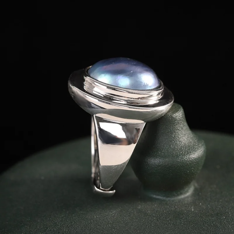 BOCAI S925  Silver Charms Rings for Women Men Retro Simple Geometric Pattern Inlaid Mabe Pearl New Fashion Jewelry Wholesale