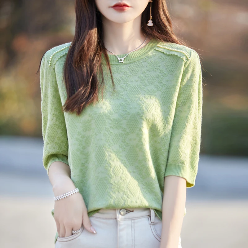 Spring and summer worsted knitted sweater ladies short-sleeved T-shirt spring and autumn wild solid color jacquard bottoming thi