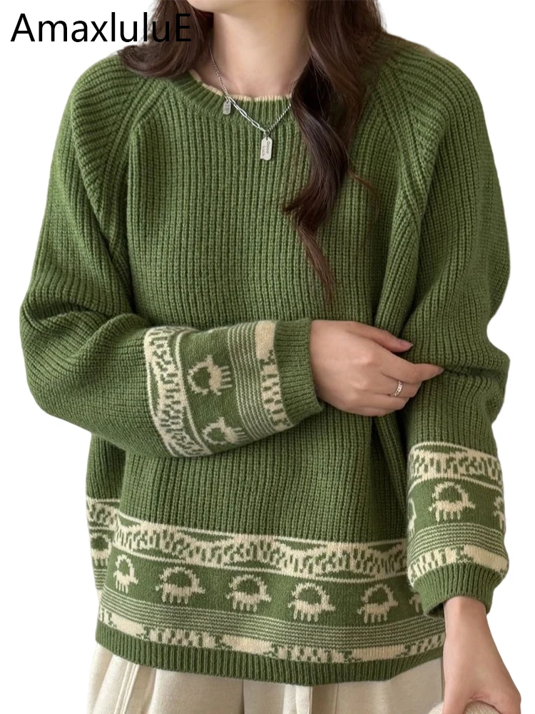 

Amax LuluE 2025 зимний винтажный пуловер, женские модные свободные джинсовые свитера с принтом, женские повседневные теплые джемперы большого размера с круглым вырезом