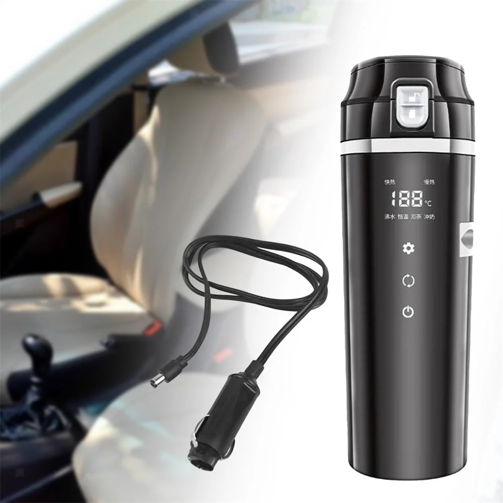 12V/24V Car Heating Cup Smart Temperature Control Coffee Milk Heated Kettle Stainless Steel Portable Car Heating Cup Thermos Cup