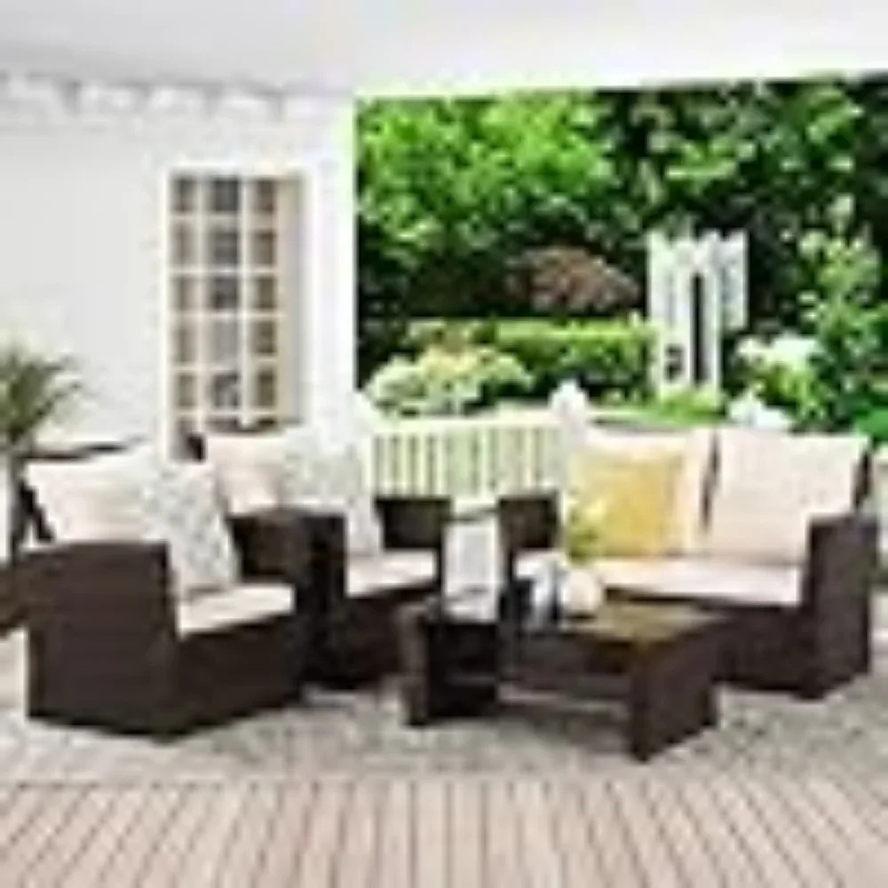 4 Piece Outdoor Patio Furniture Sets, Wicker Conversation Set for Porch Deck, Garden Sofas