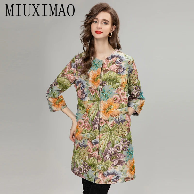 

MIUXIMAO 2023 Autumn&Winter Jacket Women Elegant Diamonds Coat O-Neck Single Breasted Yellow Flower Fashion Jackets for Women