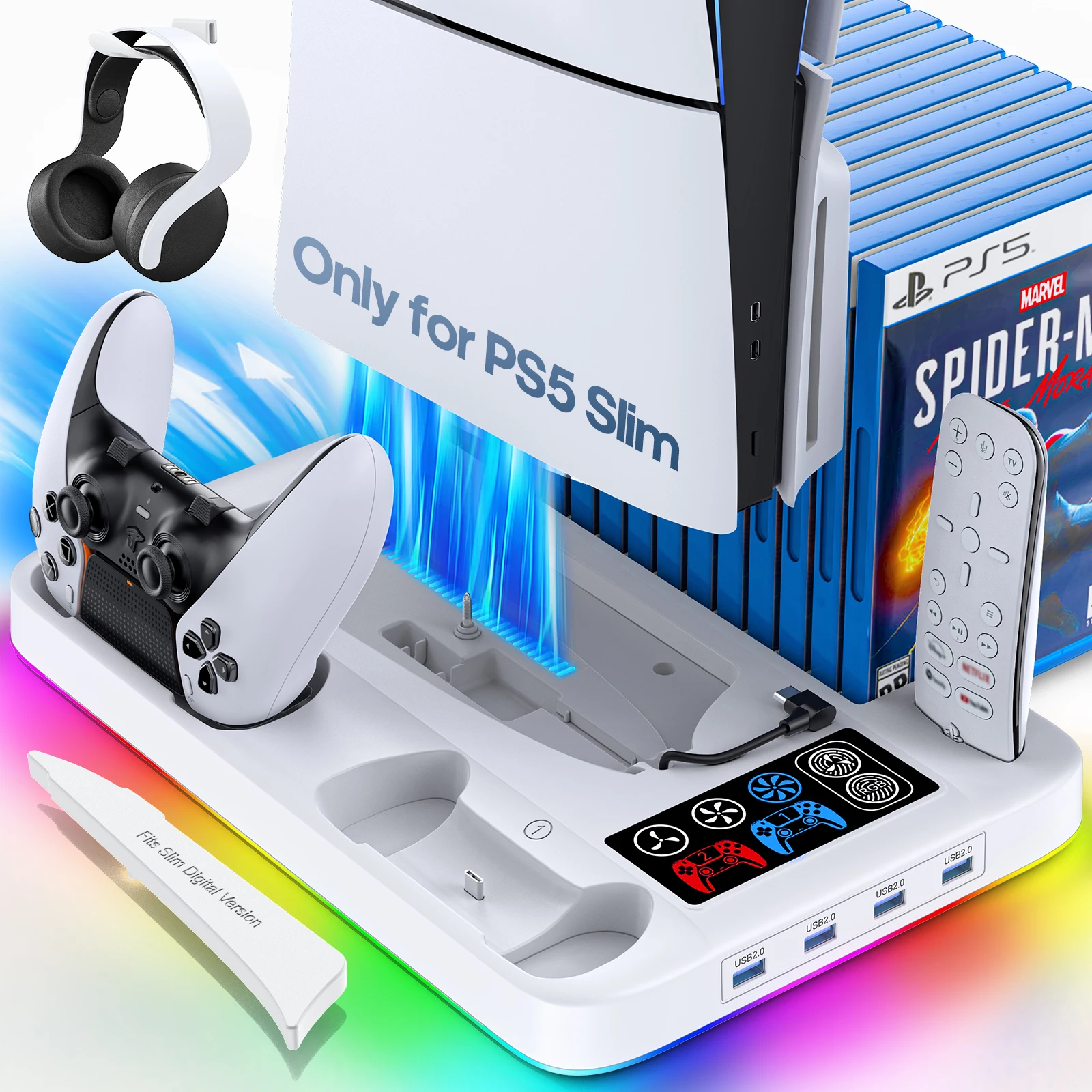 for PS5 Slim Stand With Dual Controller Charger Vertical Cooling Station Compatible with Playstation 5 Slim With Headset Holder