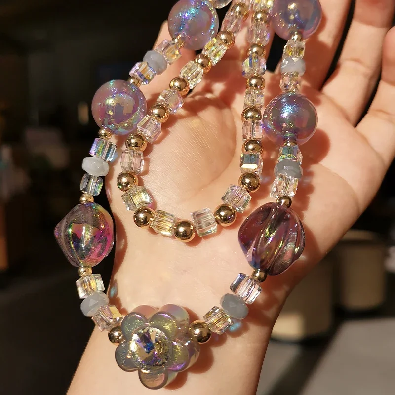 Short Flower Wrist Rope Mobile Phone Double Chain Anti Lose Rope Colorful Crystal Ball Round Bead Lanyard Phone Charms Strap