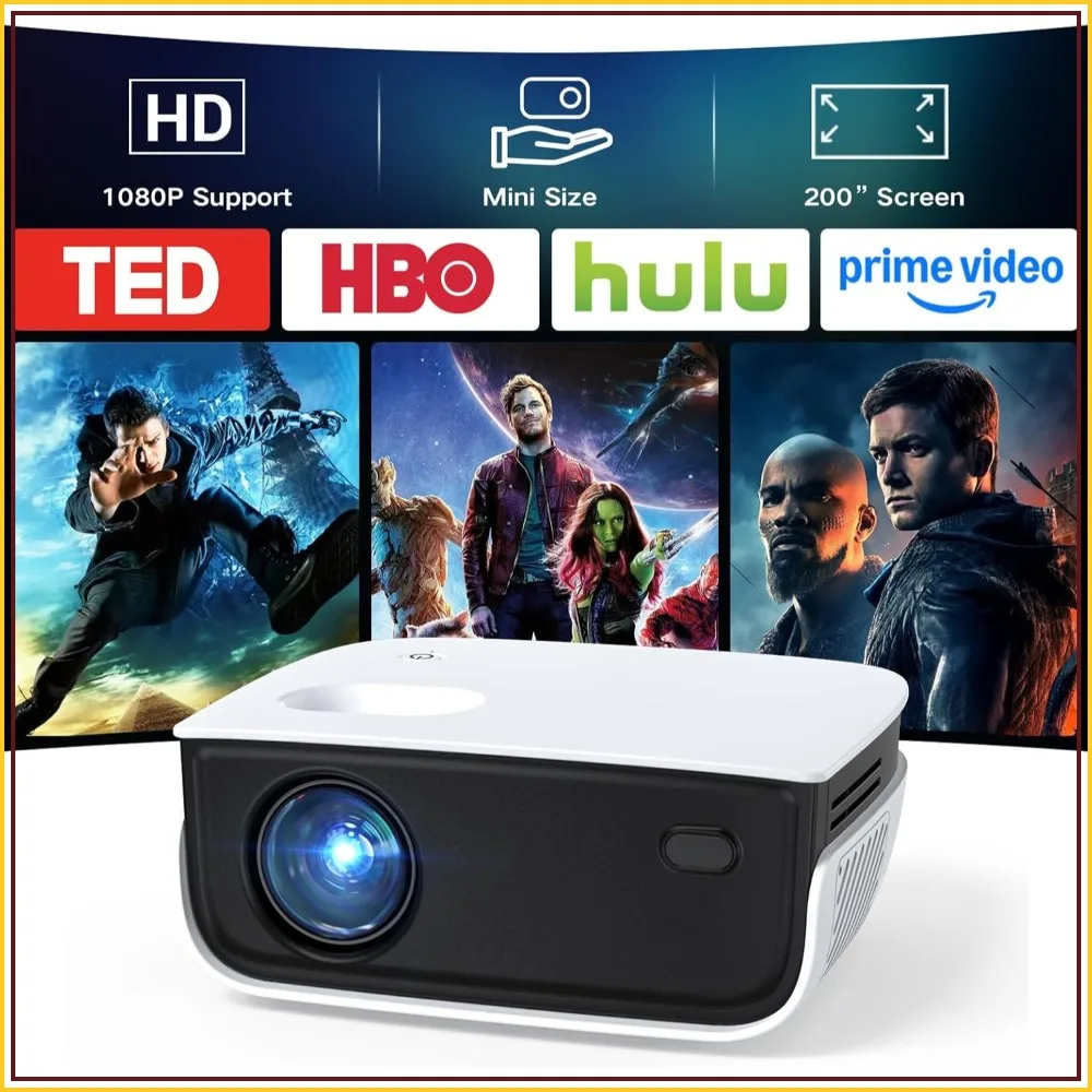 

Mini Projector, 1080P 200" Portable Outdoor Movie Projector, Compatible with TV Stick, Phone, PS5, HDMI, USB for Home, Bedroom, Gaming