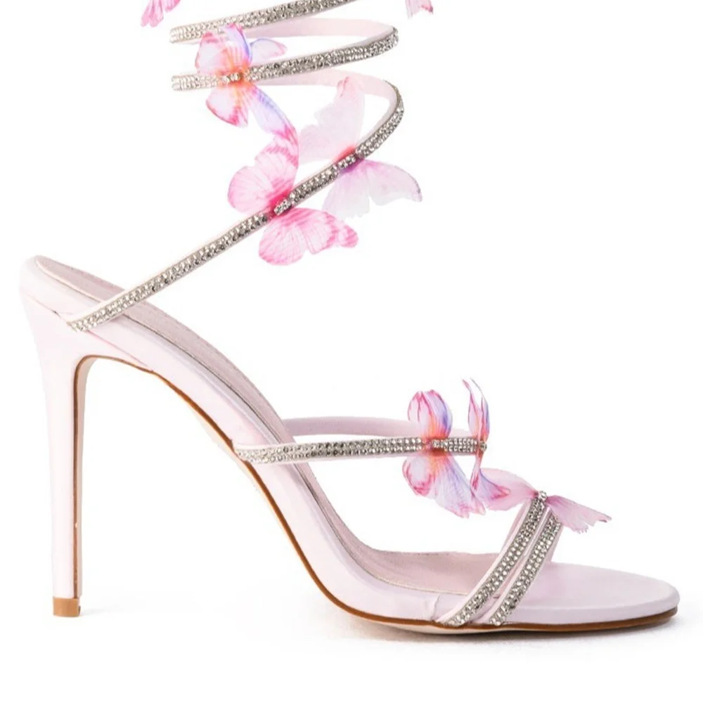 Sandalias de aguja de mariposa rosa para mujer, zapatos de punta redonda, tacón alto fino, con diamantes de imitación, para fiesta, verano, 2024